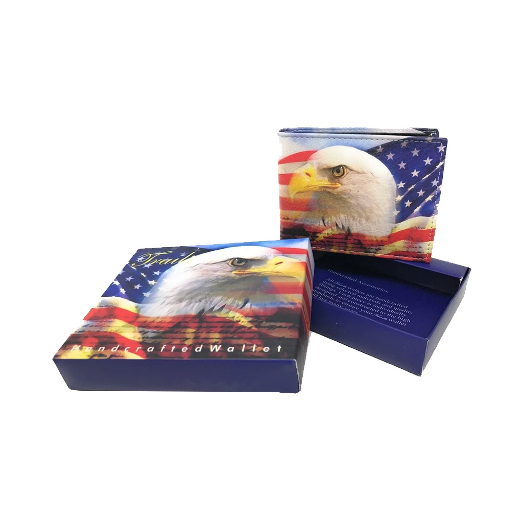 A wallet with american flag and eagle