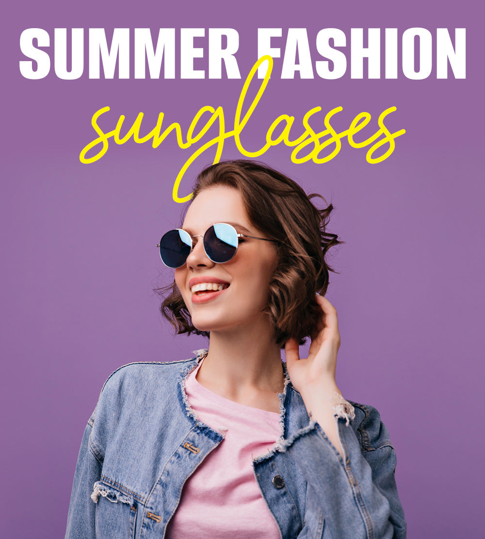 Smiling woman in round sunglasses and denim jacket with "SUMMER FASHION sunglasses" text.