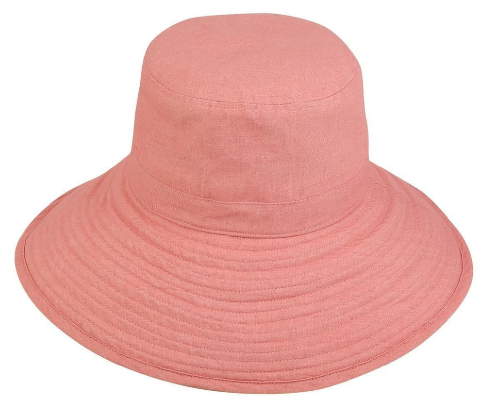 Womens Summer Sun Caps Bucket Hats Ramie Cotton Ribbon Ties Sand Salmo